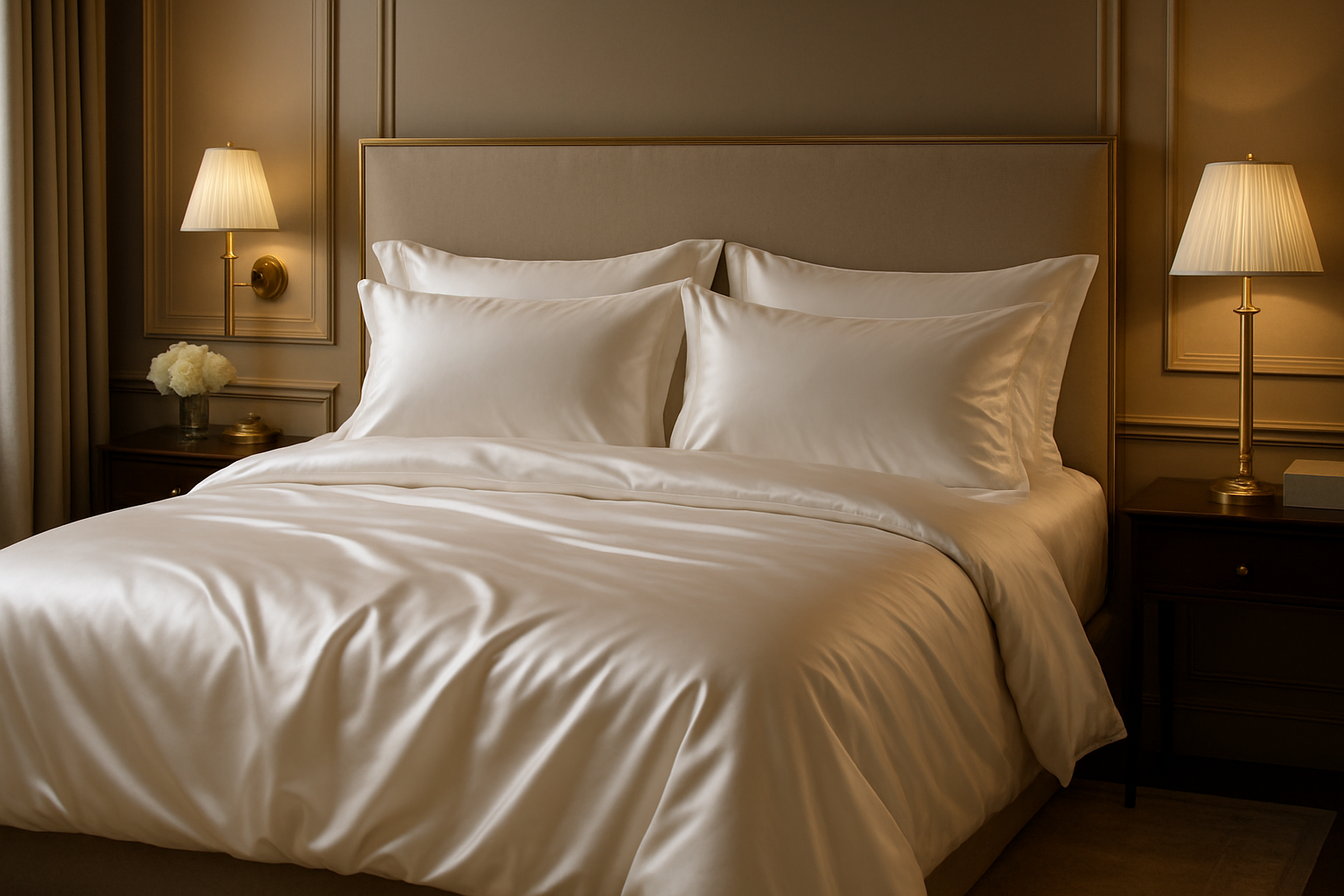 A luxurious bedroom featuring a double bed with a pristine white silk duvet cover and matching pillowcases in an elegant setting