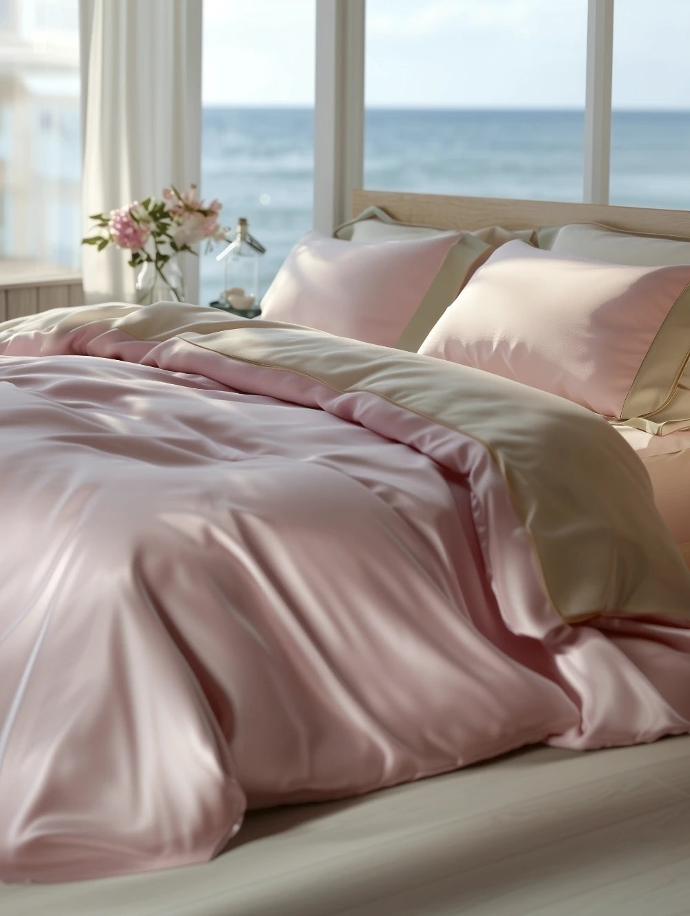 Duo Beige og Rosa bambus sengetøy oppredd i soverom