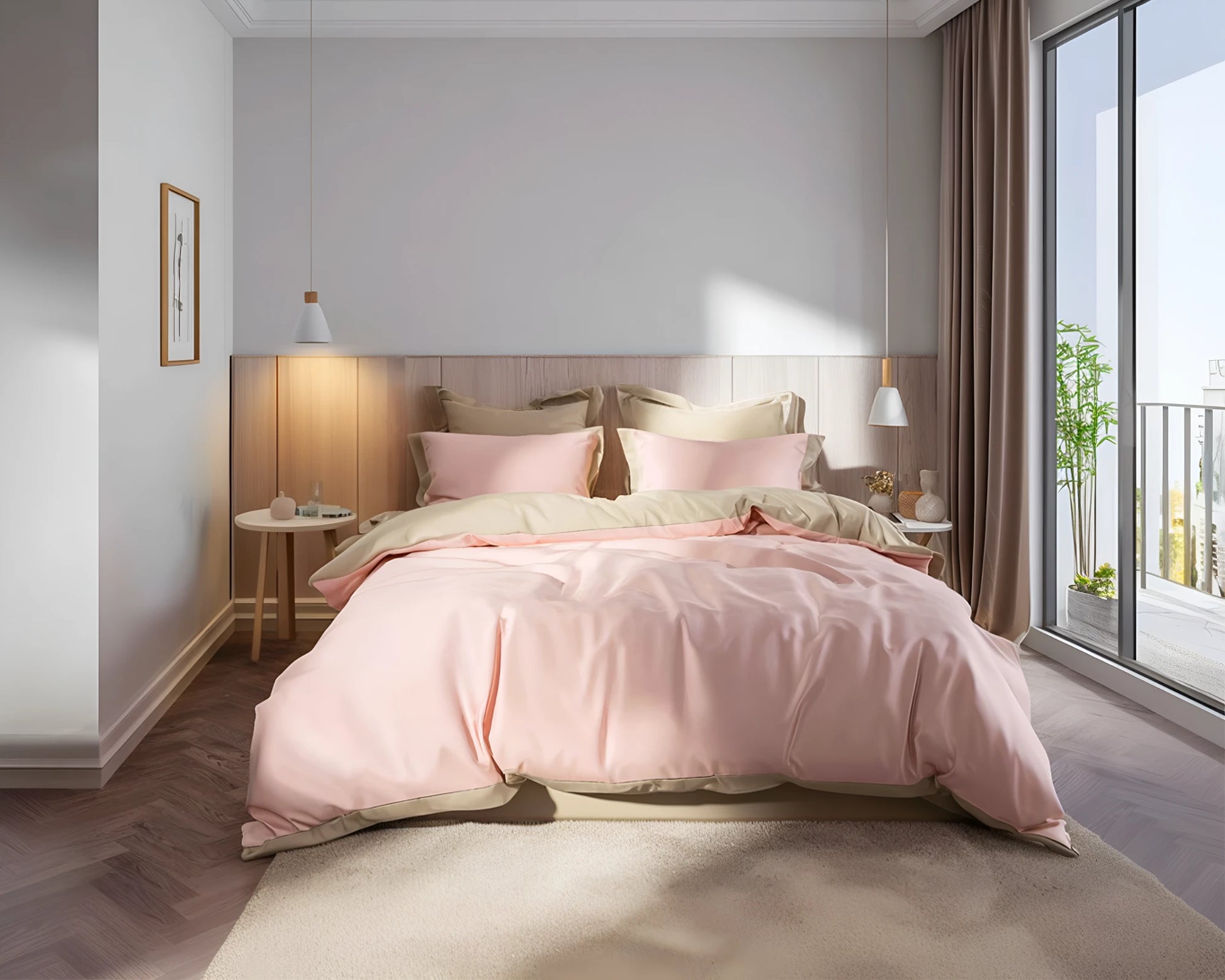 Bambus Sengesett, Duo Beige og Rosa
