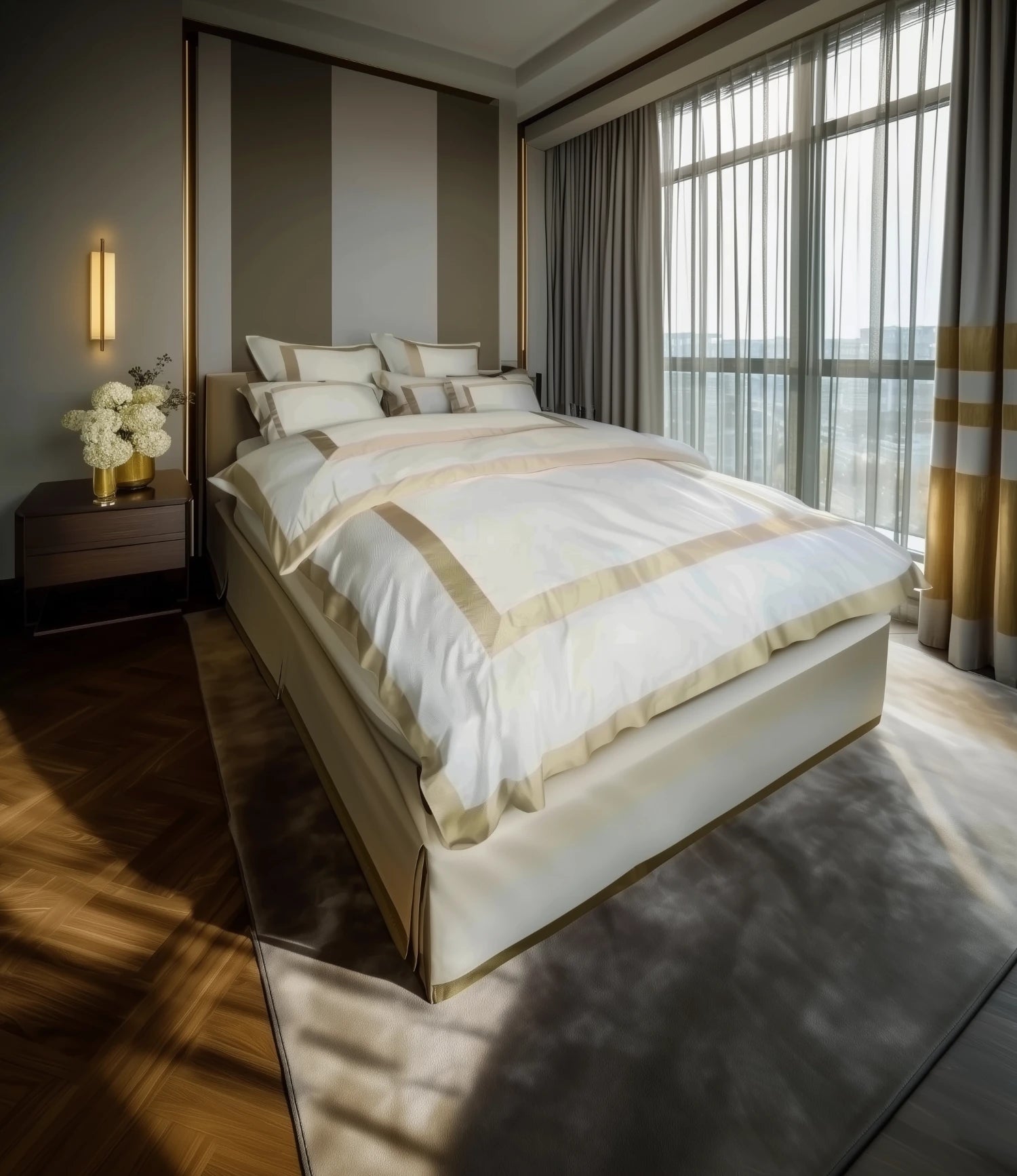 Bambus Sengesett, Frame Hvit & Beige