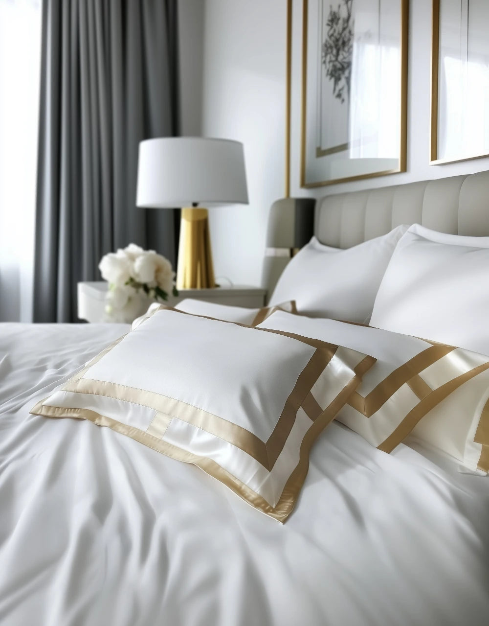 Bambus Sengesett, Frame Hvit & Beige