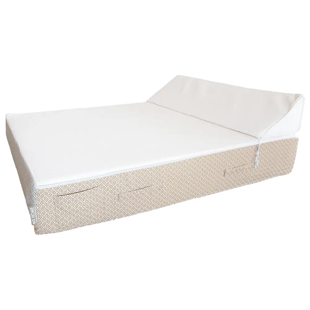 Double bed with headrest - White raphia + beige pattern Bedtime.no.