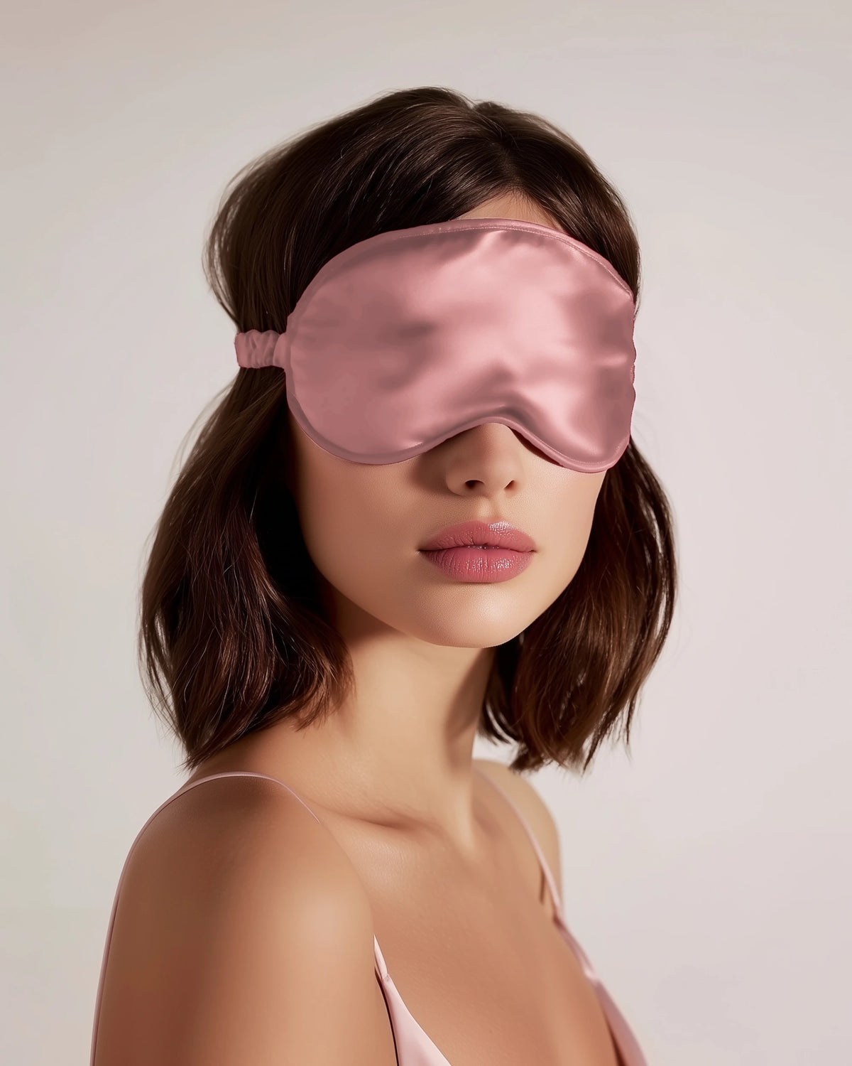 Kvinne med dus rosa sovemaske i silke
