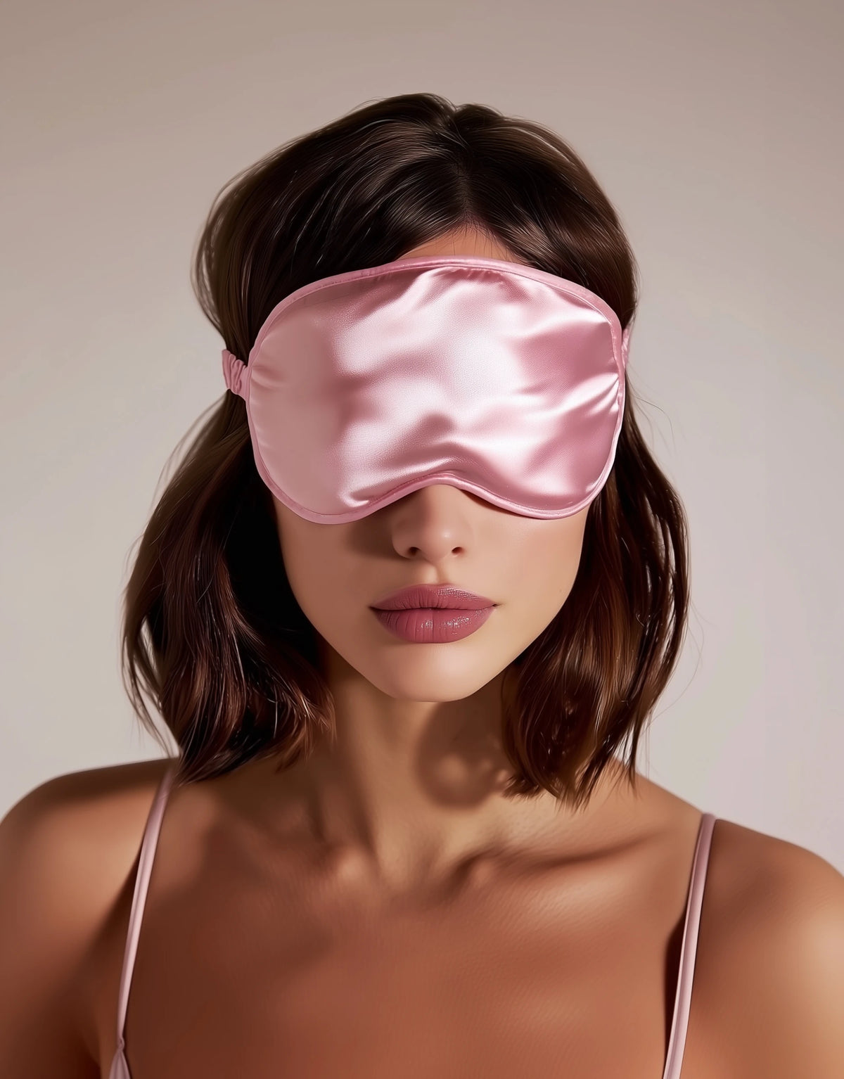 Kvinne med lys rosa sovemaske i silke