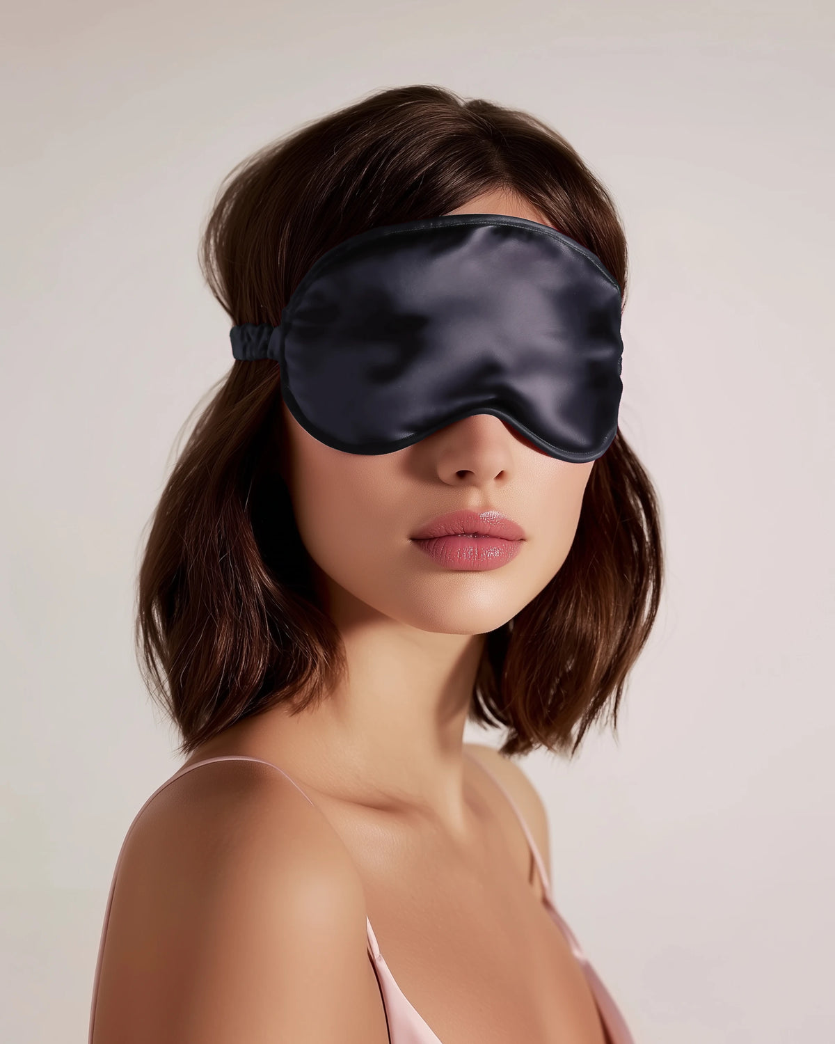 Kvinne med mørkegrå sovemaske i silke
