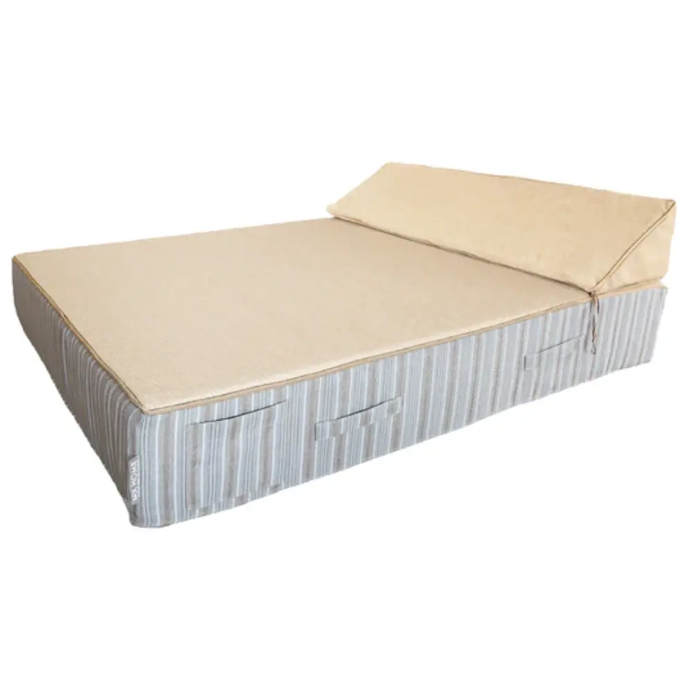 Double bed with headrest - Beige raffia + grey stripe on the side Bedtime.no.