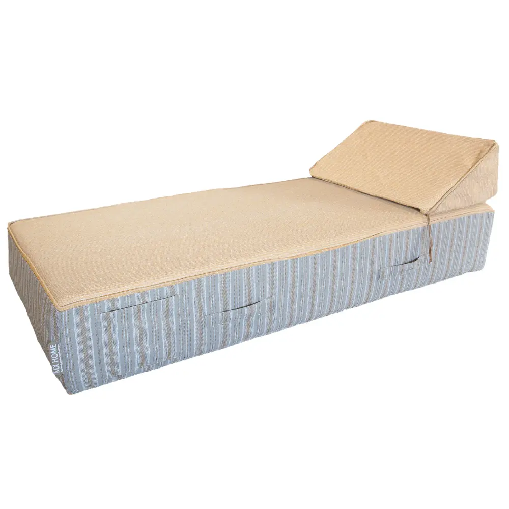 Single bed with headrest - Beige raffia + grey stripe on the side Bedtime.no.