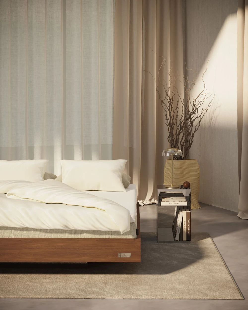 Hällsö Walnut rammeseng i valnøtt, miljøbilde – illustrasjon for 180×200