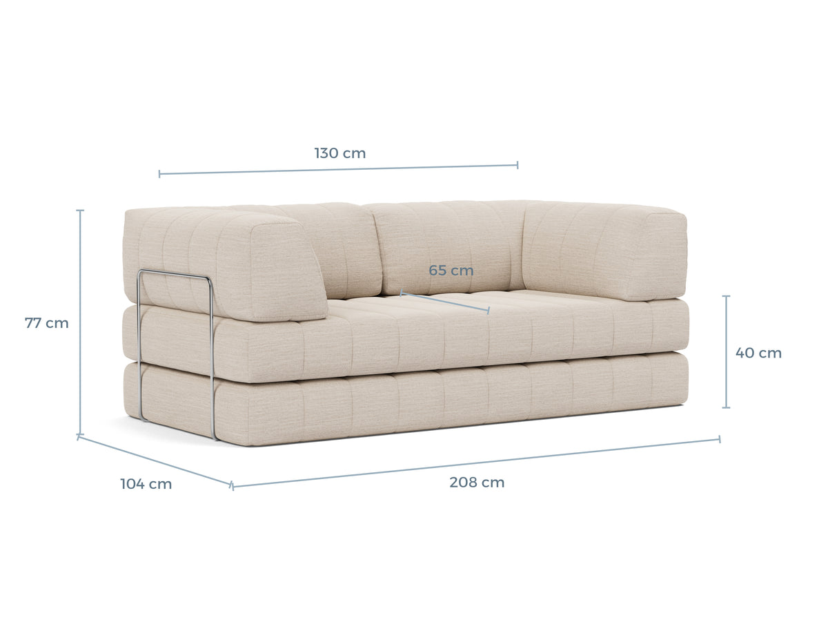Måltegning av CozyPad sovesofa med armlener i sofaform – måltegning