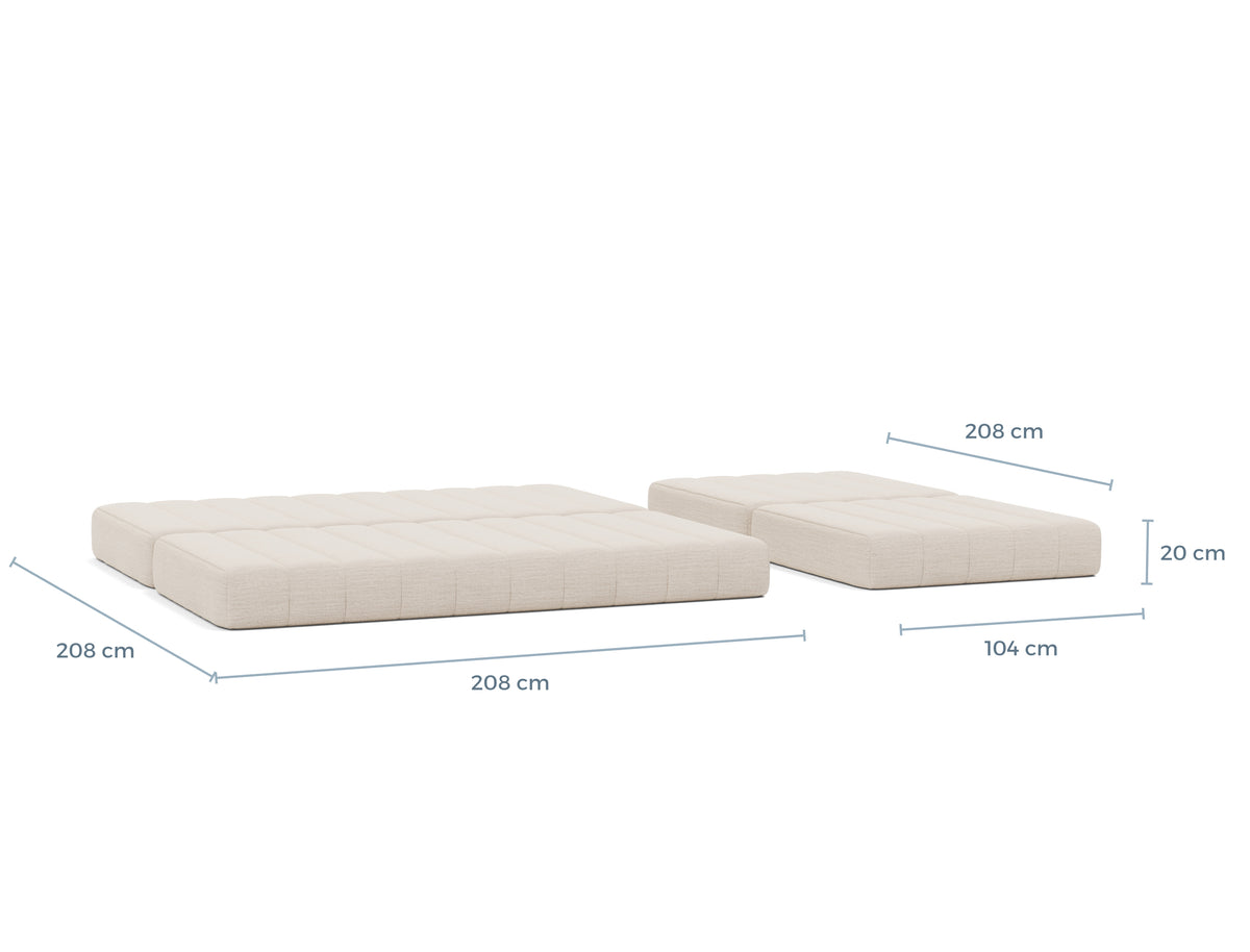 Måltegning av CozyPad Grand sovesofa med armlener i sengestilling – måltegning