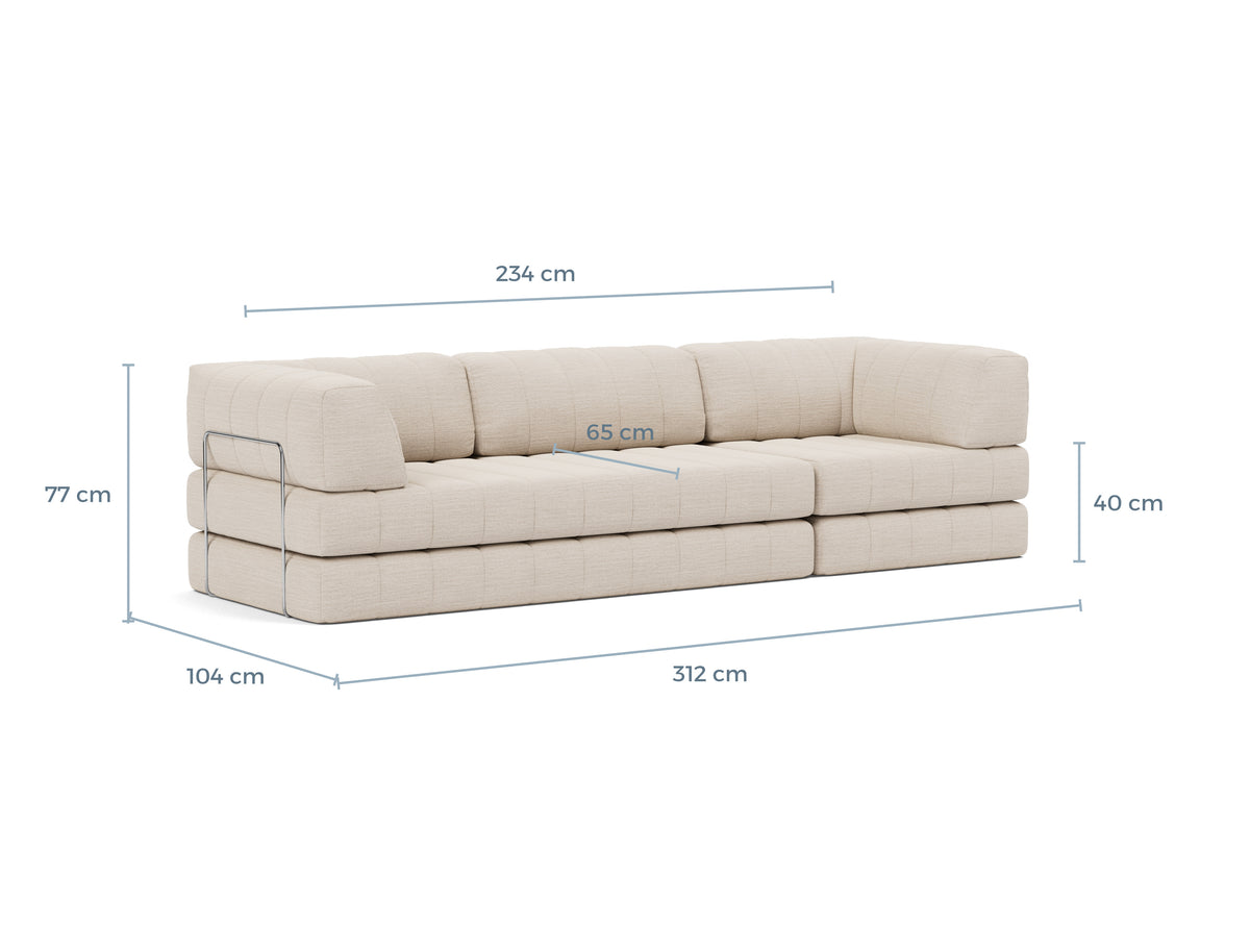 Måltegning av CozyPad Grand sovesofa med armlener i sofaform – måltegning