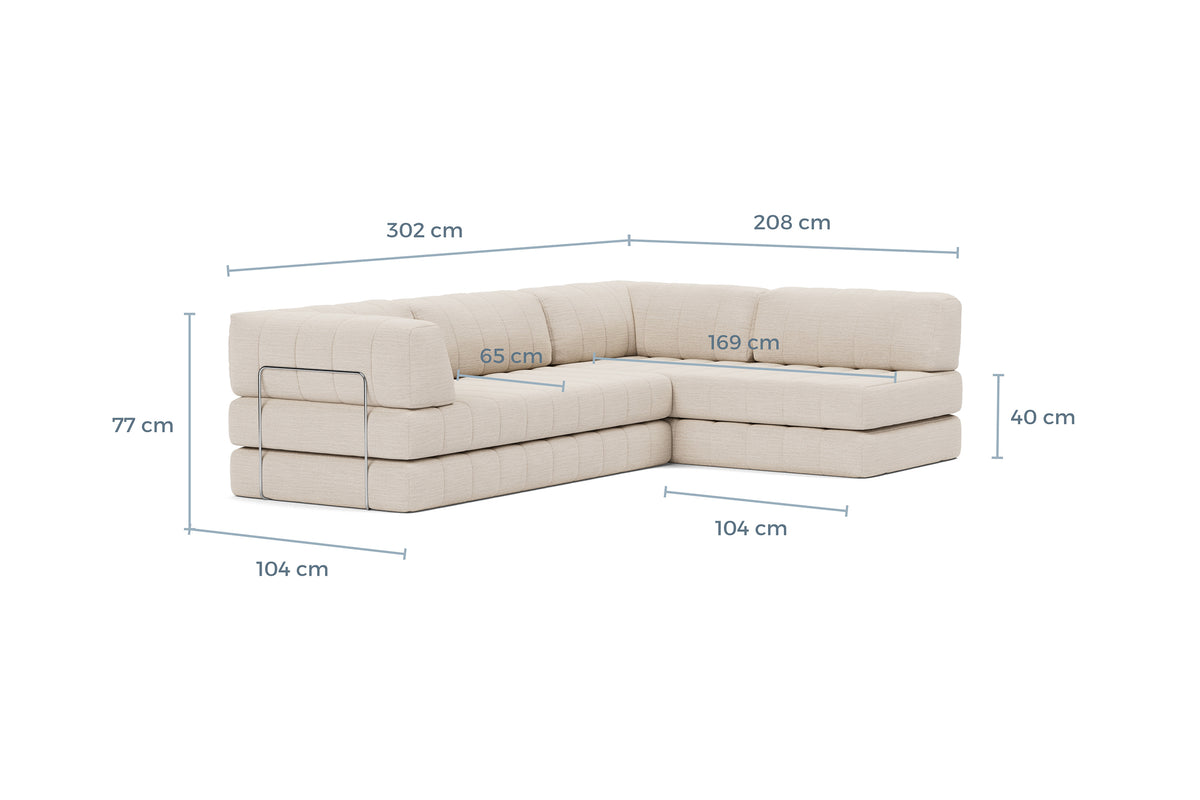 Måltegning av CozyPad L-formet sovesofa med armlener i sofaform – måltegning