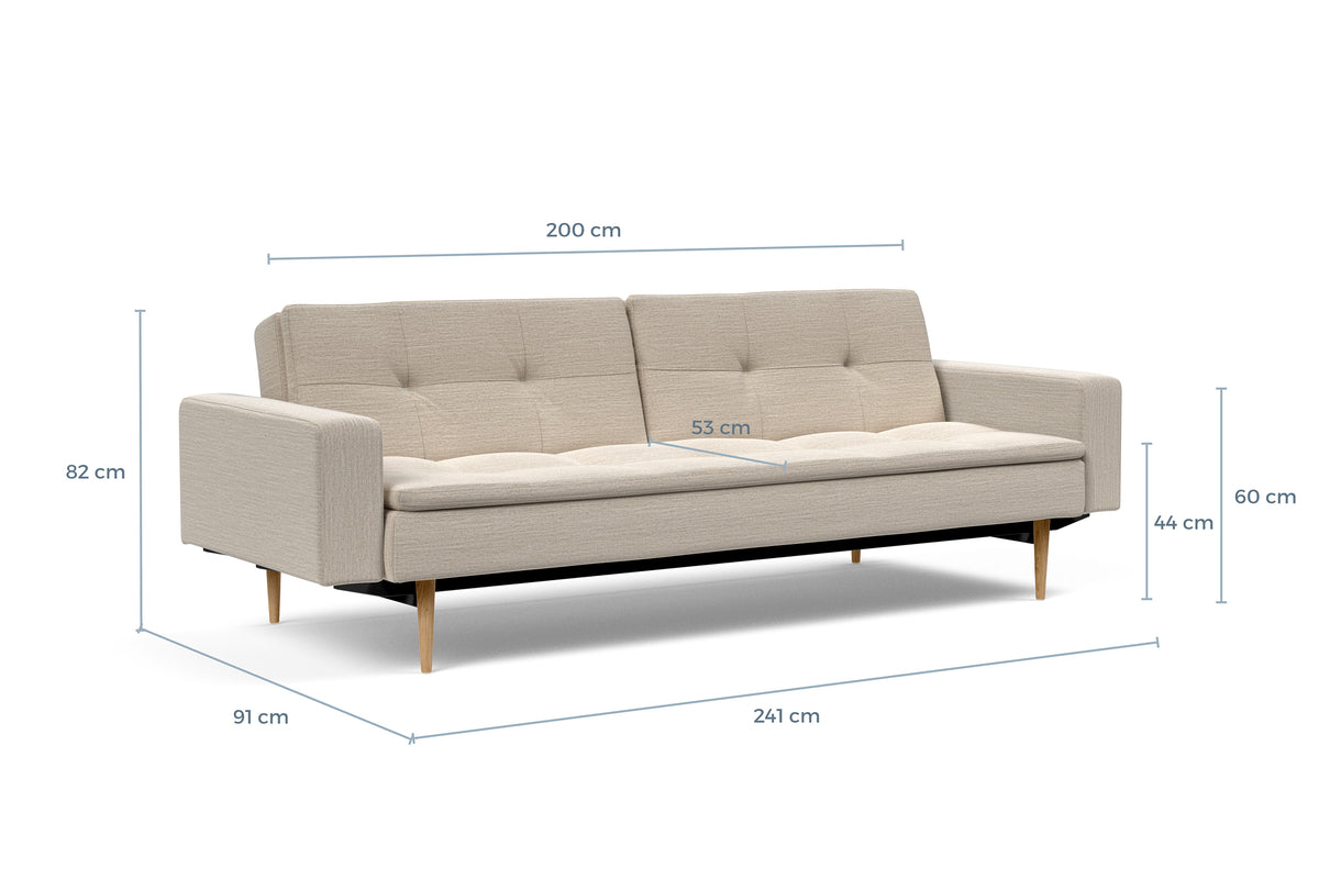 Måltegning av Dublexo med armlener og lyse Styletto-ben i sofaform – måltegning