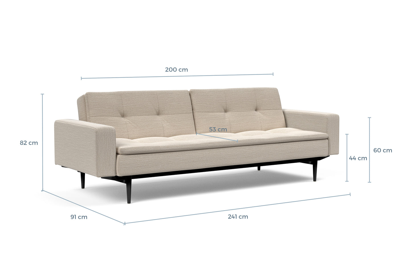 Måltegning av Dublexo med armlener og sorte Styletto-ben i sofaform – måltegning