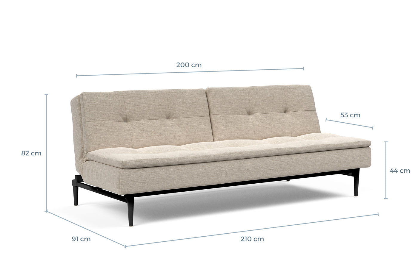 Måltegning av Dublexo med sorte Styletto-ben i sofaform – måltegning