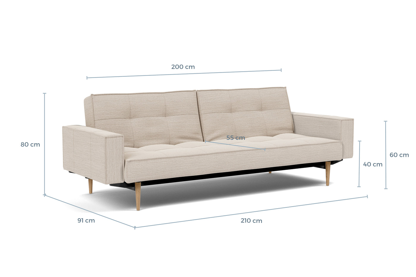 Måltegning av Splitback med armlener og lyse Styletto-ben i sofaform – måltegning