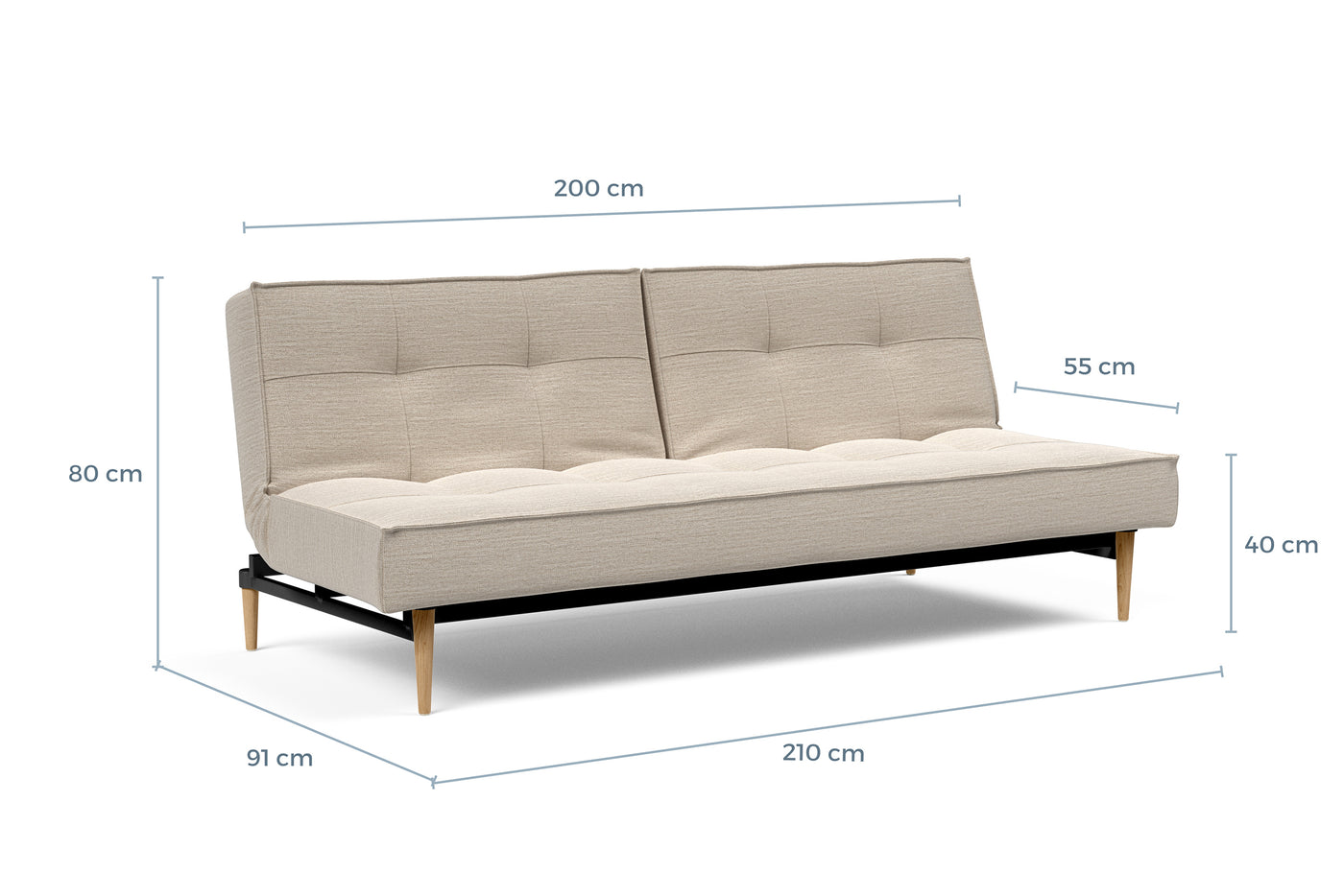 Måltegning av Splitback med lyse Styletto-ben i sofaform – måltegning