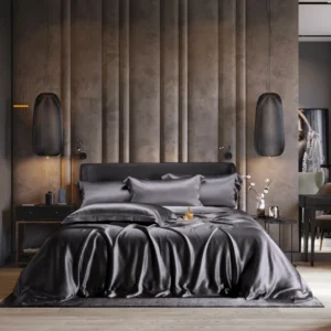Mørk grå silke sengesett miljø brun velour bakvegg Bedtime Collection