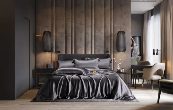 Mørk grå silke sengesett miljø brun velour bakvegg Bedtime Collection