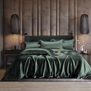 Grønn silke sengesett oppredd brun velour vegg miljø Bedtime Collection