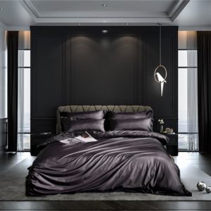 Mørk grå silke sengesett sort sov