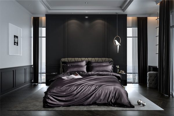 Mørk grå silke sengesett sort sov