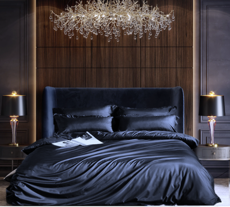 Bambus sengesett i mørkeblå med velour sengegavl