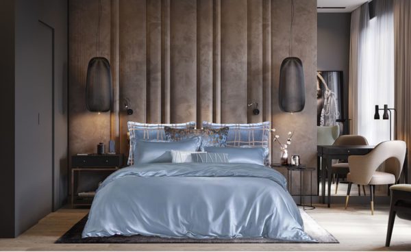 Blått sengetøy silke velour brun vegg