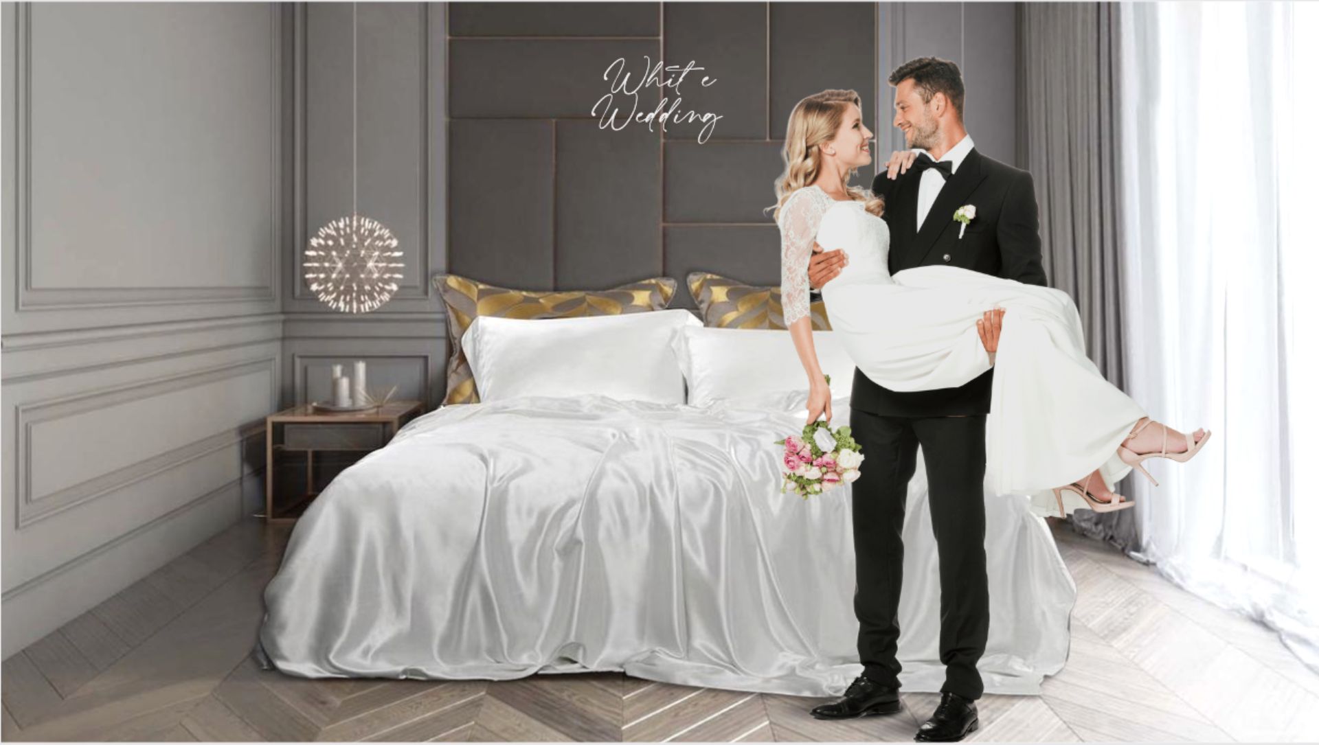 Bryllp hvit silke sengetøy brudepar nygift