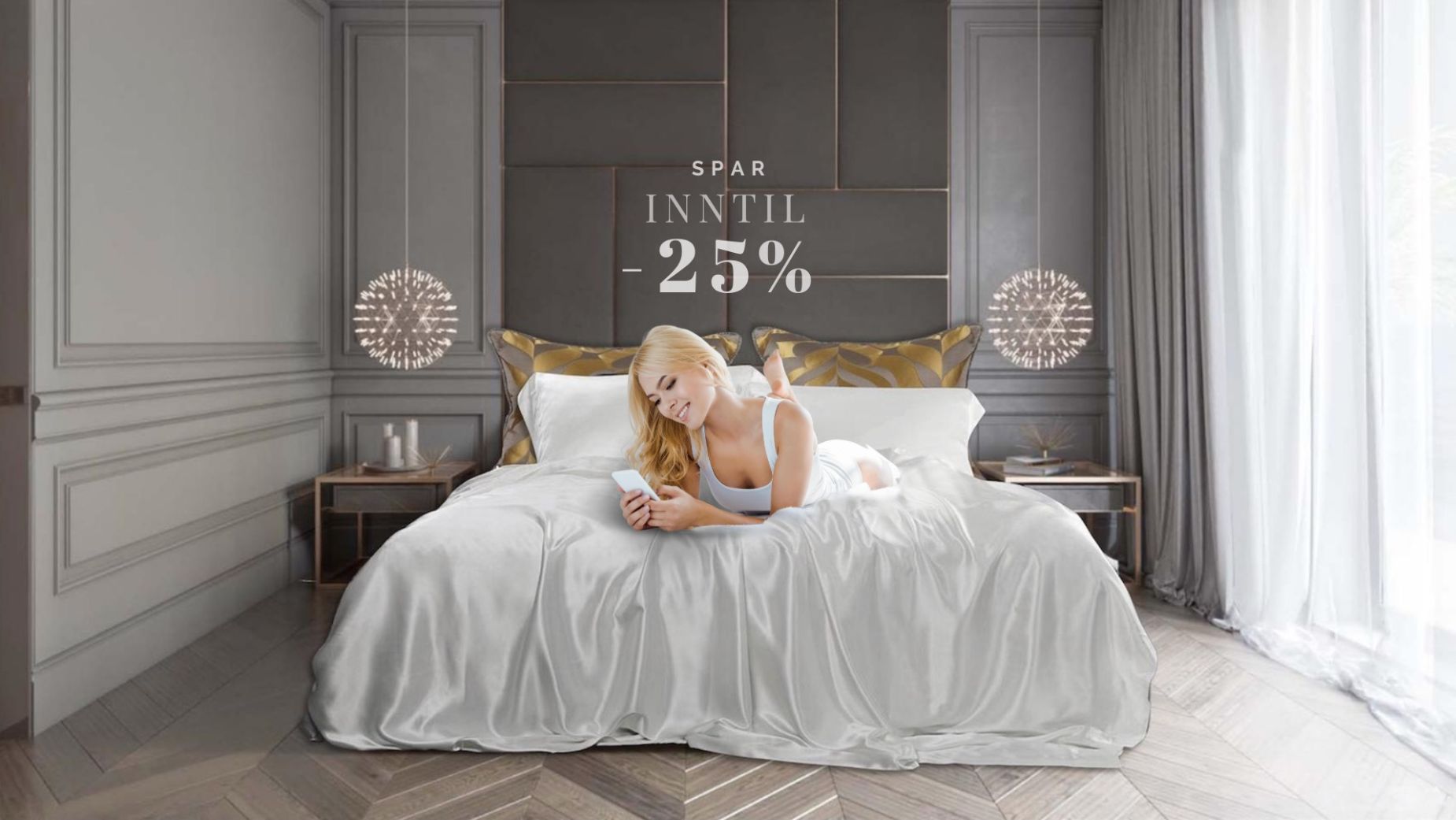 Kvinne i hvit silke sengetøy spar 25 %