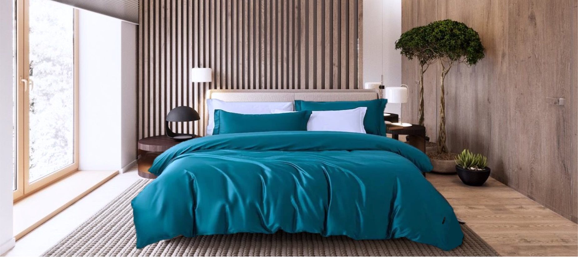 Petrol bambus sengetøy oppredd seng eik spilevegg