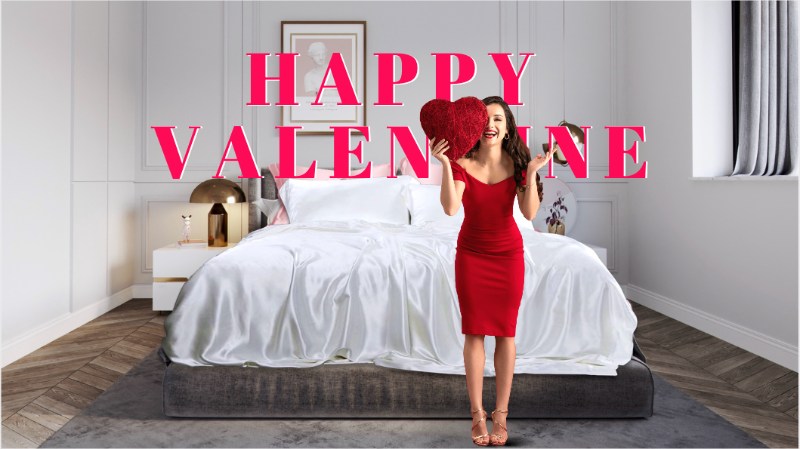 Valentines day gave silke sengetøy oppredd seng kvinne i rød kjole med hjerte
