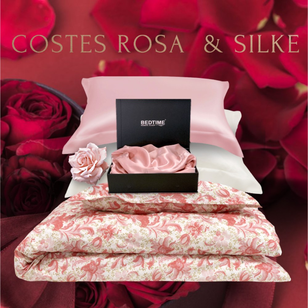 Costes rosa percale sengsett Tone Korken + silke gavesett Valentine